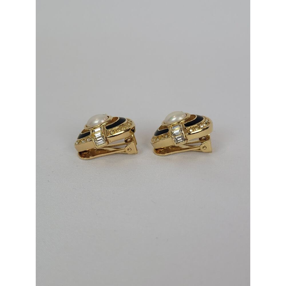 Christian Dior Vintage Black Enamel, Crystal & Faux Pearl Clip Earrings Signed - Picture 3 of 9